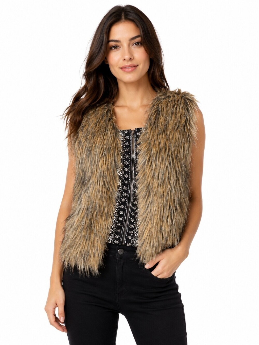 Miss Me Y2K Faux Fur Vest M Knit Back Beaded Boho Cottagecore Festival